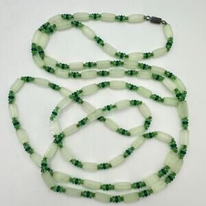 Antique vintage mint emerald green Czech satin art glass beaded 50" necklace